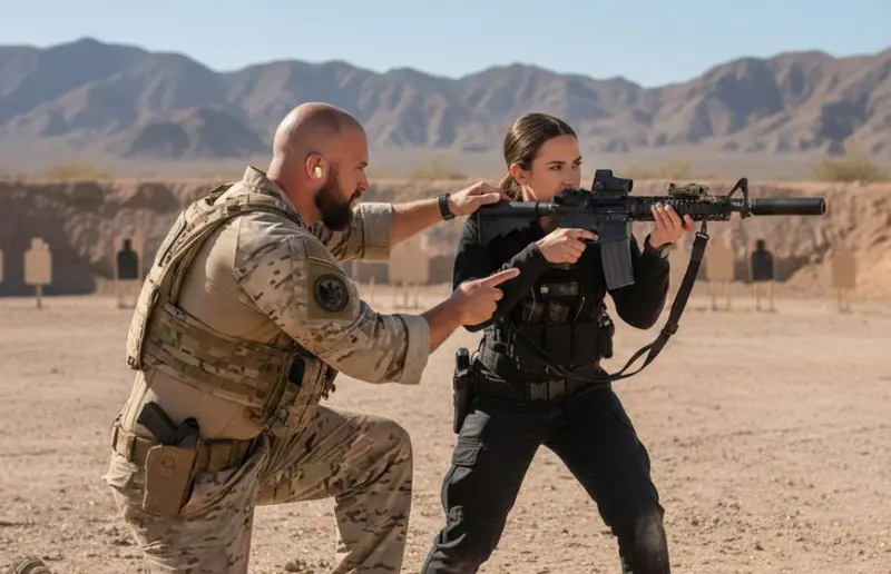 Instructor coaching a student on a carbine